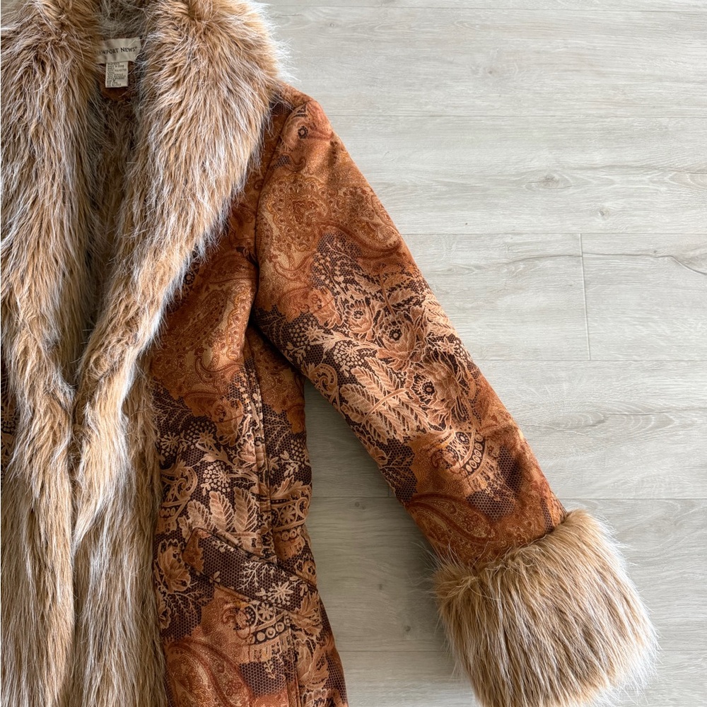 Vintage Newport News 90s Brown Paisley Penny Lane Coat Faux Fur Trim UNWORN Sz 8 - Picture 5 of 7